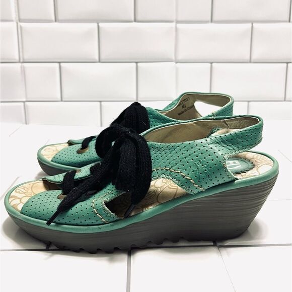 Fly London Ylva Platform Sandals Wedge Sling Back Lace Up Sea Foam Green Size 39 - Picture 6 of 15